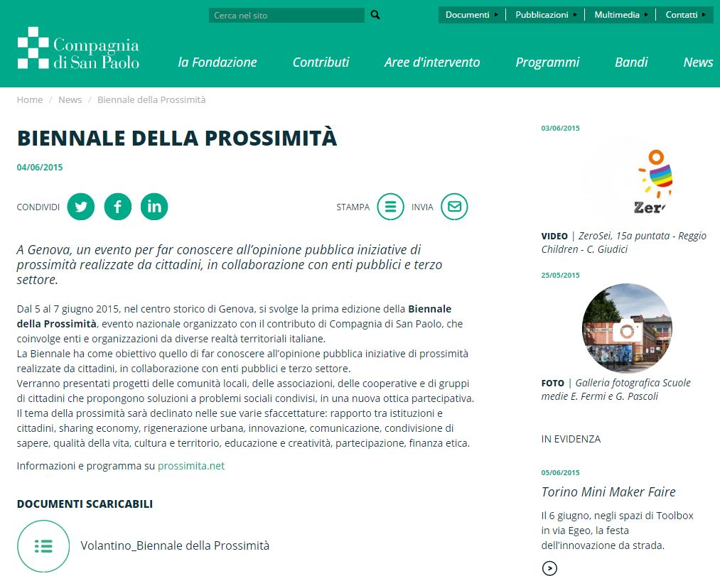 04 Giugno - Articolo sulla Biennale su Compagnia San Paolo