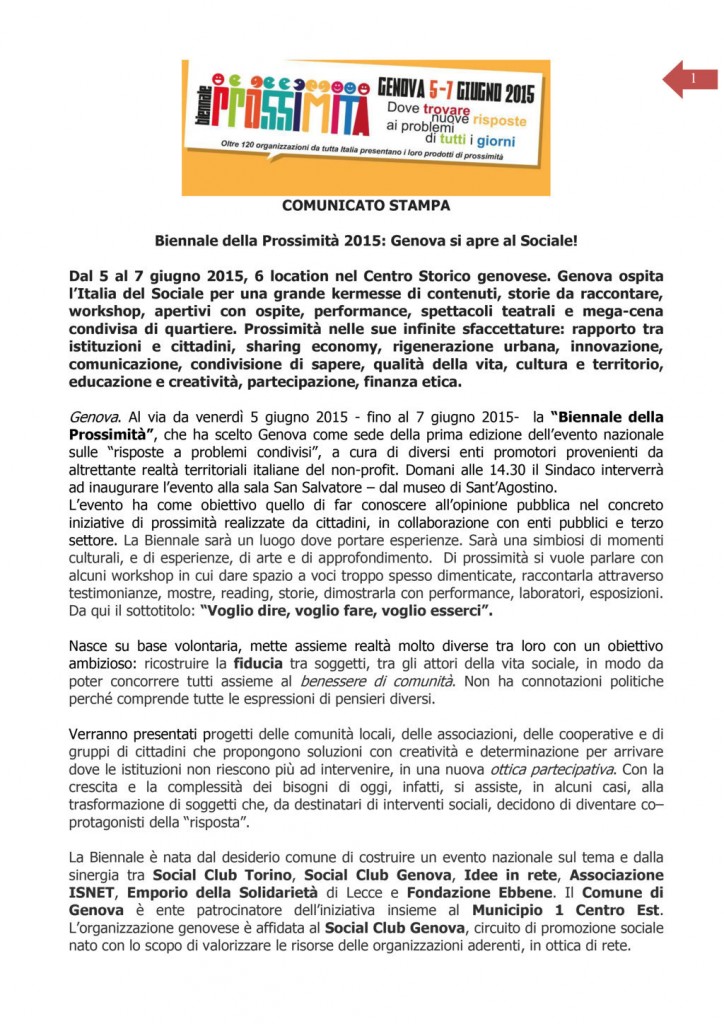 5 Giugno - Comunicato stampa: Biennale della Prossimità 2015: Genova si apre al Sociale!
