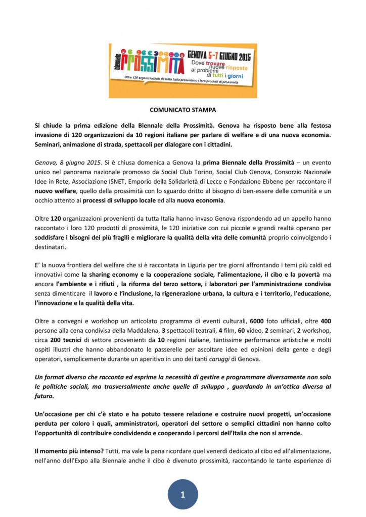 08 Giugno - Comunicato stampa: Si chiude la prima edizione della Biennale della Prossimità