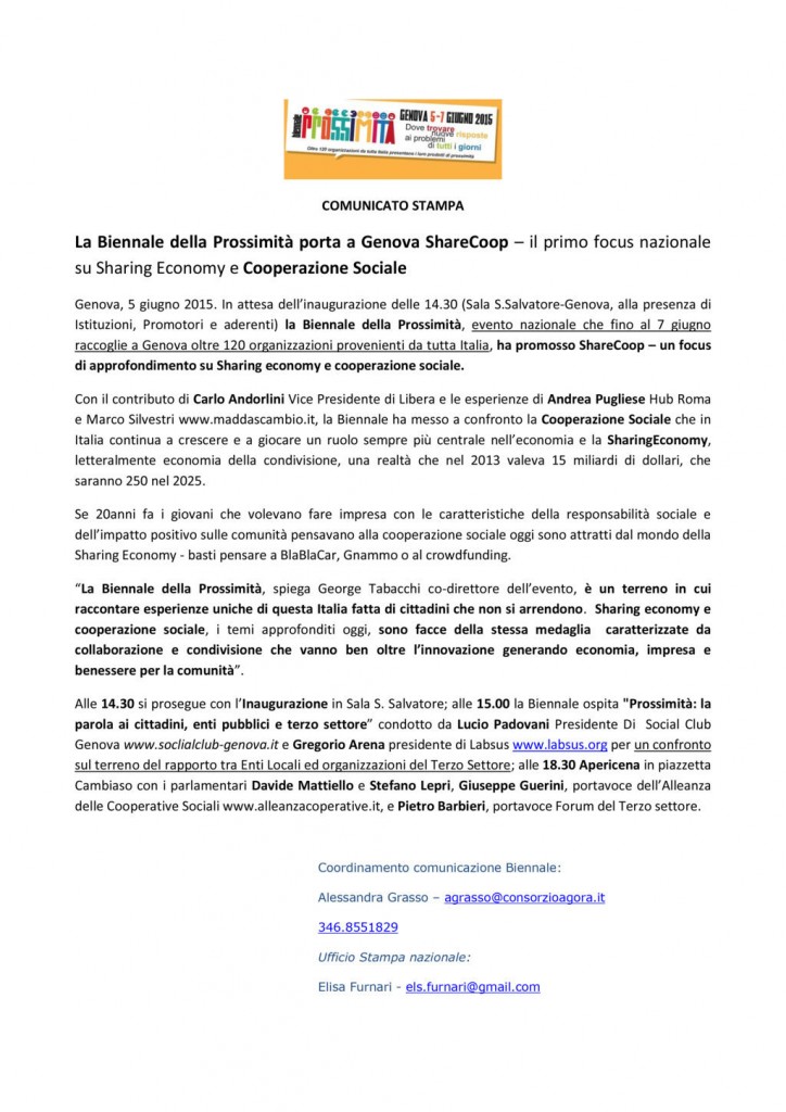 5 Giugno - La Biennale della Prossimità porta a Genova ShareCoop – il primo focus nazionale su Sharing Economy e Cooperazione Sociale